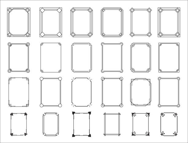 복고풍 프레임 세트입니다. 꽃 화려한 장식 장식 장식 프레임. 빈티지 직사각형 테두리 컬렉션입니다. 격리된 기하학적 편산아이콘 벡터 세트 - shape bookplate label retro revival stock illustrations