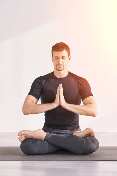 istock Yoga man hands. Namaste arm position. Gym studio 1223067466