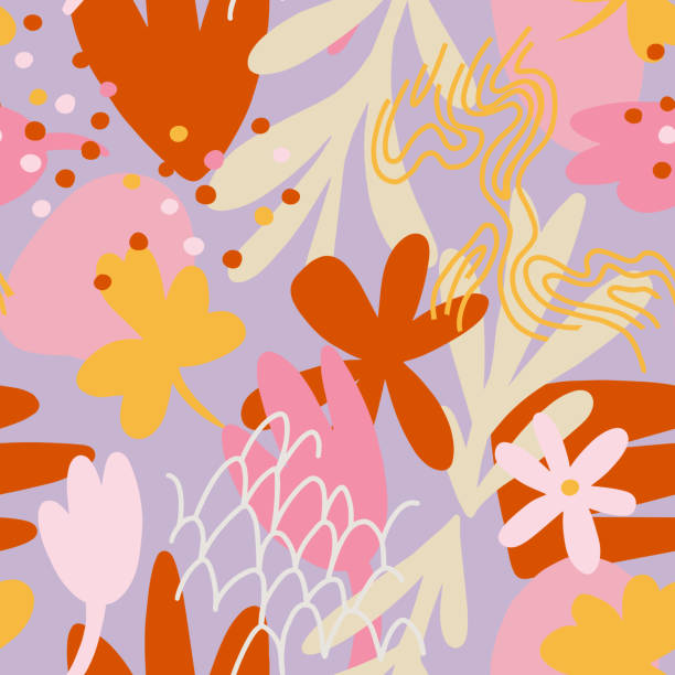 illustrations, cliparts, dessins animés et icônes de motif botanique sans couture fait de formes de griffonnage organiques. style de papier découpé moderne, design plat. fond floral. - seamless pattern backgrounds paper