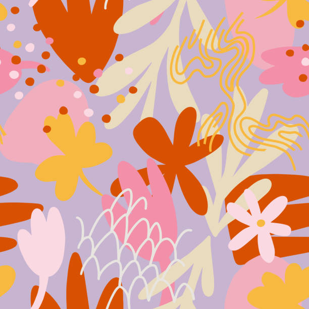 ilustrações de stock, clip art, desenhos animados e ícones de botanical seamless pattern made of organic doodle shapes. modern cut out paper style, flat design. floral background. - modern handmade