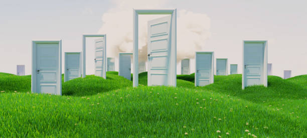 puertas abiertas y cerradas en verdes colinas floridas bajo el fondo de la nube renderizado 3d - opportunity door new cloud fotografías e imágenes de stock