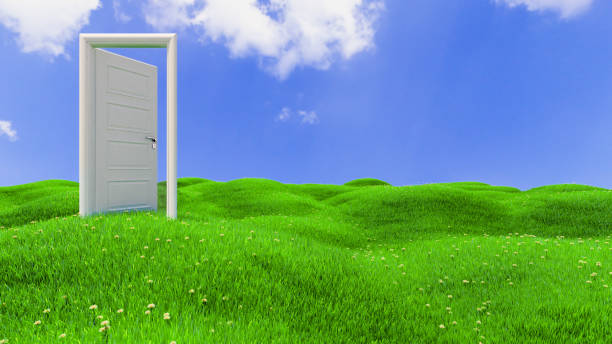 istock open door on green flowery hills background 3D rendering 1223071470