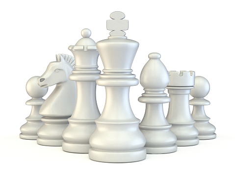 White chess pieces 3D render illustration isolated on white background