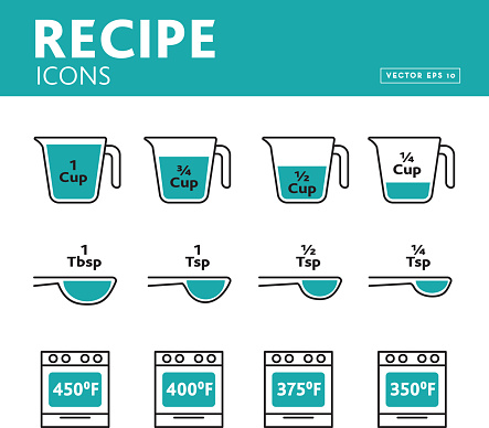 Vector illustration of units and measures for recipe blogs, cooking classes or any food and drink instructions. Includes Measuring cups with various amounts, Tablespoon and Teaspoon measurements and increments. Oven temperatures ranging from 300 - 400 degrees for baking in oven temperatures. Includes vector eps and jpg in download. Easy to edit vector format.