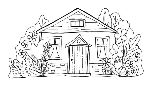 Hand Drawn Doodles Cartoon House In The Village Black And White Cute  Bulding Line Art Vector Illustration Stock Illustration - Download Image  Now - iStock