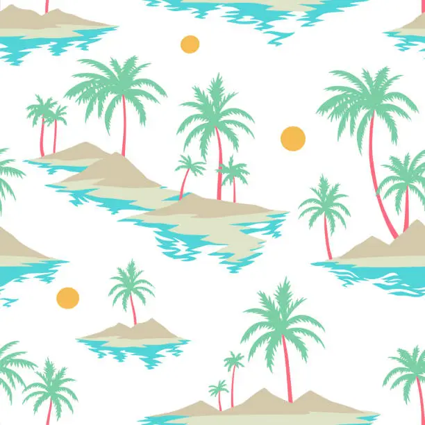 Vector illustration of Vintage seamless island pattern. Colorful summer tropical background. Landscape with palm trees, beach and ocean