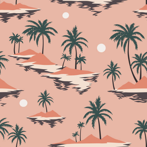 винтажный бесшовный островной узор. красочный летний тропический фон. пейзаж с пальмами, пляжем и океаном - beach retro revival old fashioned palm tree stock illustrations