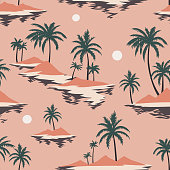 istock Vintage seamless island pattern. Colorful summer tropical background. Landscape with palm trees, beach and ocean 1223076172
