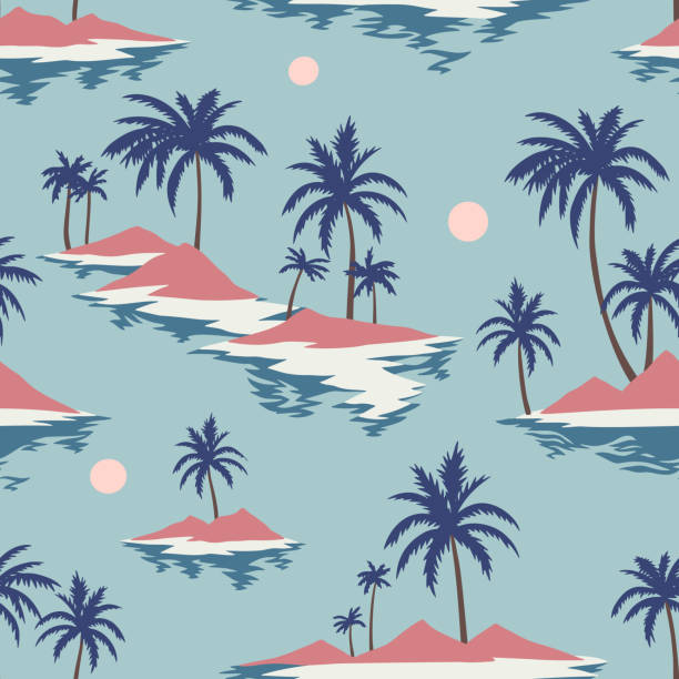 винтажный бесшовный островной узор. красочный летний тропический фон. пейзаж с пальмами, пляжем и океаном - palm tree tree tropical climate nature stock illustrations