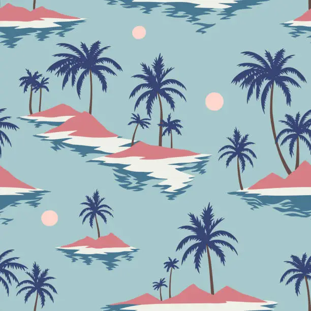 Vector illustration of Vintage seamless island pattern. Colorful summer tropical background. Landscape with palm trees, beach and ocean