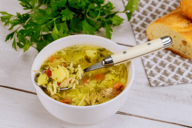 istock Hot homemade chicken noodle soup in spoon. 1223076676
