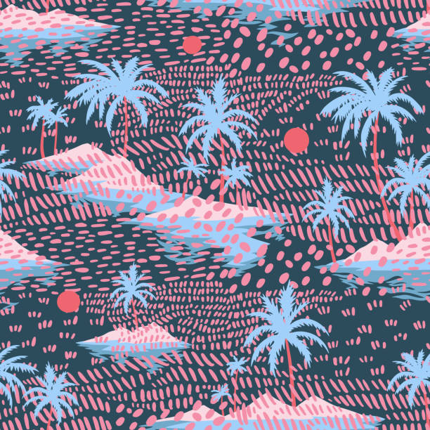 ilustrações, clipart, desenhos animados e ícones de padrão de ilha vintage sem emendas. colorido fundo tropical de verão. paisagem com palmeiras, praia e oceano - beautiful leaf floral pattern vector