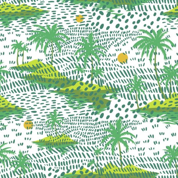 ilustrações, clipart, desenhos animados e ícones de padrão de ilha vintage sem emendas. colorido fundo tropical de verão. paisagem com palmeiras, praia e oceano - beleza natural natureza