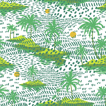 Vintage seamless island pattern. Colorful summer tropical background. Landscape with palm trees, beach and ocean. Flat design, vector. Good for textile, fabric, t-shirt, wallpaper, wrapping.