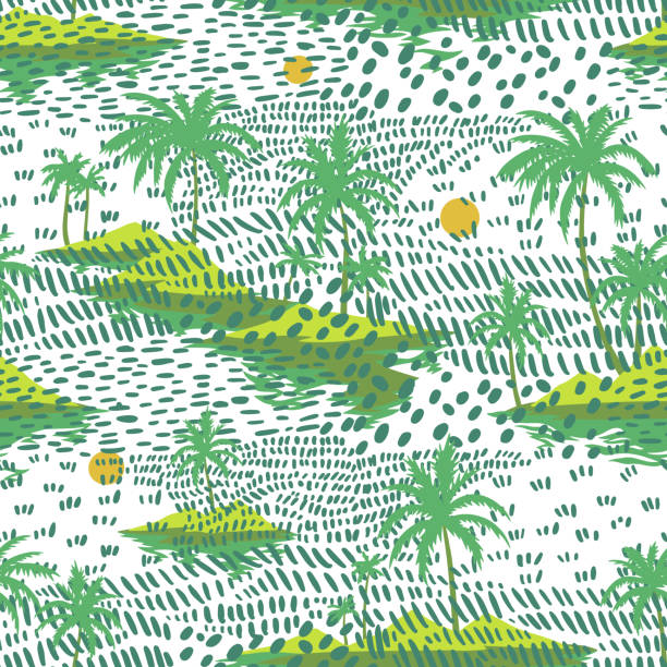 Vintage seamless island pattern. Colorful summer tropical background. Landscape with palm trees, beach and ocean Vintage seamless island pattern. Colorful summer tropical background. Landscape with palm trees, beach and ocean. Flat design, vector. Good for textile, fabric, t-shirt, wallpaper, wrapping. beauty in nature illustrations stock illustrations