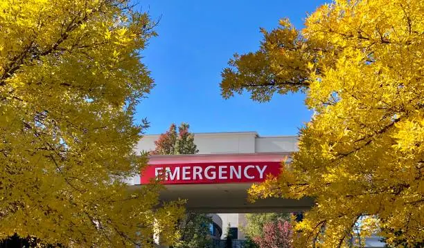 Entrance to the emergency room at a hospital on a warm fall day