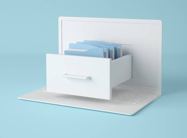 istock 3D Illustration. Computer laptop and file cabinet with folders. 1223078571