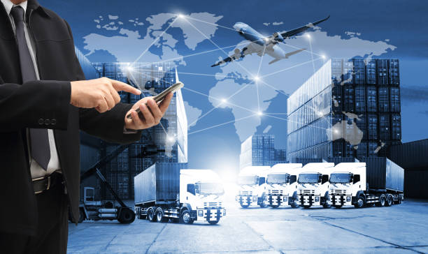 istock Double exposure of man with world map for logistic network distribution on background and Logistics Industrial Container Cargo freight ship for shipping and Transportation, import-export 1223079248