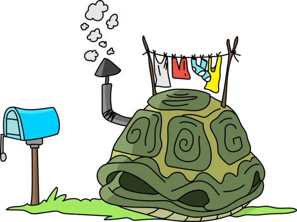Vector illustration of Cartoon turtle shell like a house with a smoking chimney on the top vector illustration