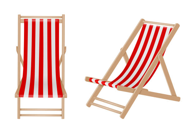 ilustrações, clipart, desenhos animados e ícones de cadeira isolada de convés em fundo branco. cadeiras de convés de madeira com listras brancas e vermelhas - espreguiçadeira