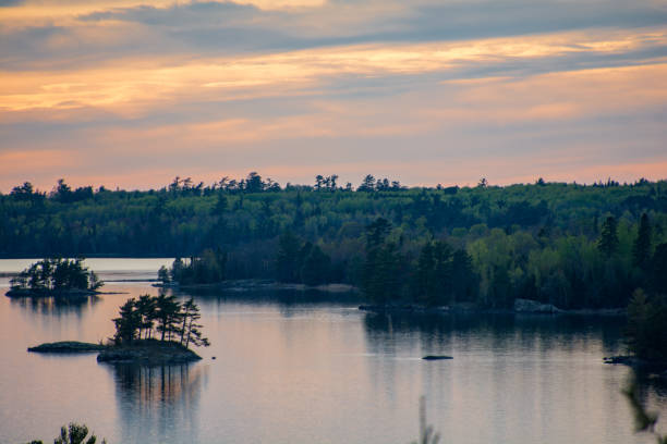 istock Vibrant sunset overlooking a lake with islands 1223088062