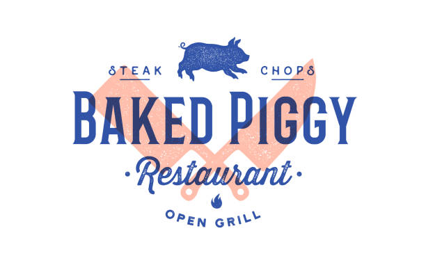 restauracja mięsna z logo etykiety - pig pork meat barbecue stock illustrations