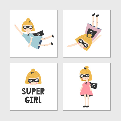 Set of children's posters with superhero ginger girl and lettering. Clip art collection, vector illustration.