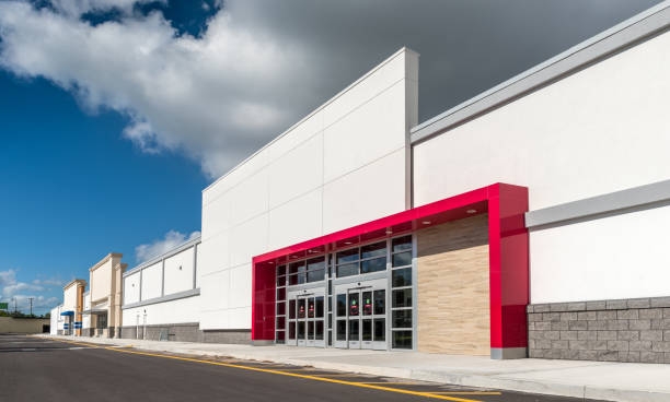 Blank Shopping Mall Early morning at a new shopping mall. megastore stock pictures, royalty-free photos & images