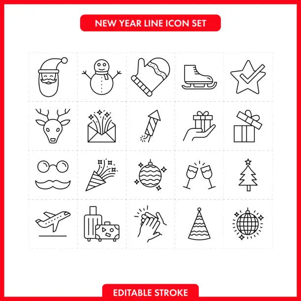Vector illustration of Christmas, new year flat line icons. Editable Stroke