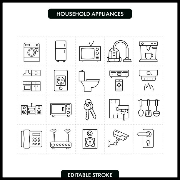 zestaw ikon linii agd. edytowalny obrys - industrial equipment audio stock illustrations