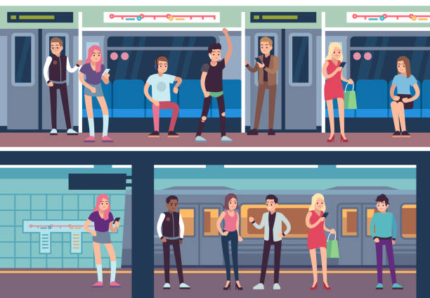 ilustraciones, imágenes clip art, dibujos animados e iconos de stock de gente dentro del metro. estación de metro de transporte público. plataforma de metro y tren con concepto vectorial de pasajeros femeninos y masculinos - bus coach bus travel red