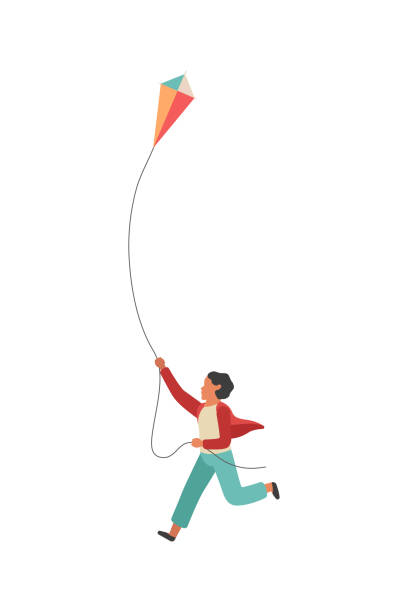 Boy runs with a kite. Happy little child playing outdoors, vector colorful flat walking concept Boy runs with a kite. Happy little child playing outdoors, vector colorful flat walking childhood concept sky kite stock illustrations