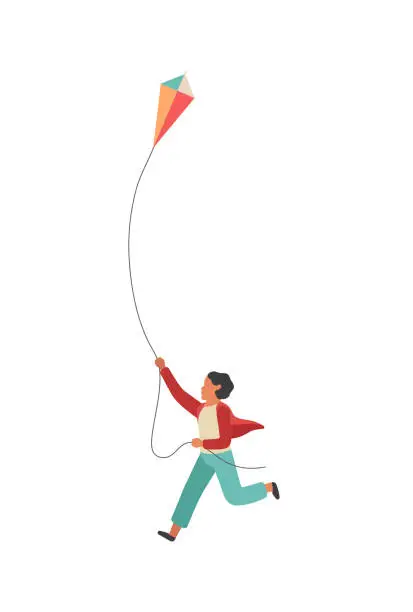 Vector illustration of Boy runs with a kite. Happy little child playing outdoors, vector colorful flat walking concept