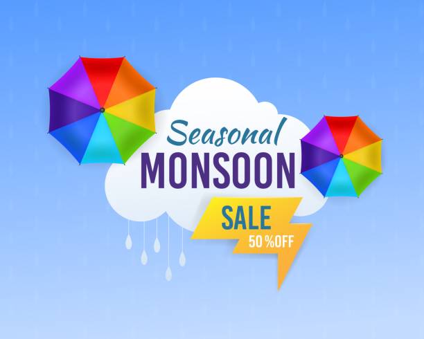 monsoon verkauf. saison regen und regenschirm werbe-design-vorlage für banner und label, web-header und shop-werbung vektor-poster - when it rains it pours stock-grafiken, -clipart, -cartoons und -symbole