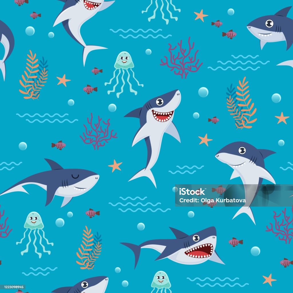 Cartoon Sharks Pattern Seamless Background With Cute Marine Fishes Smiling  Shark Characters And Sea Underwater World Vector Wallpaper Stock  Illustration - Download Image Now - iStock