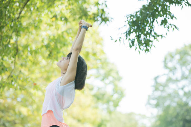 stretching in the park Asian woman taking a deep breath during exercise in the park forest bathing photos stock pictures, royalty-free photos & images