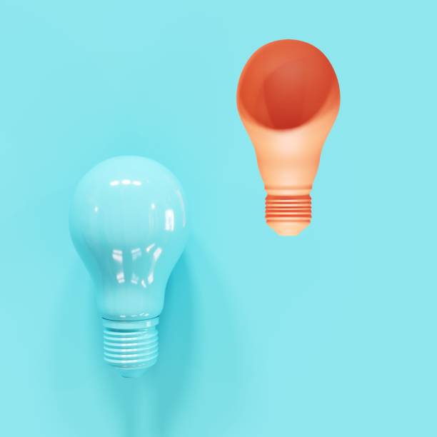 istock Orange Light bulb slump with one blue light bulb on blue background. 3D Render. Minimal Creative idea. 1223101887