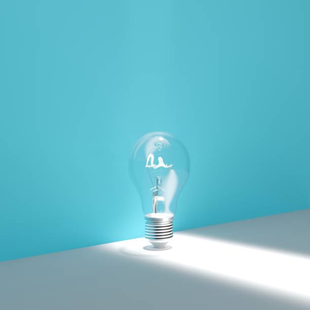istock Light bulb Glowing set on blue background with shadows light. Minimal Idea Concept. 3D Render. 1223101911