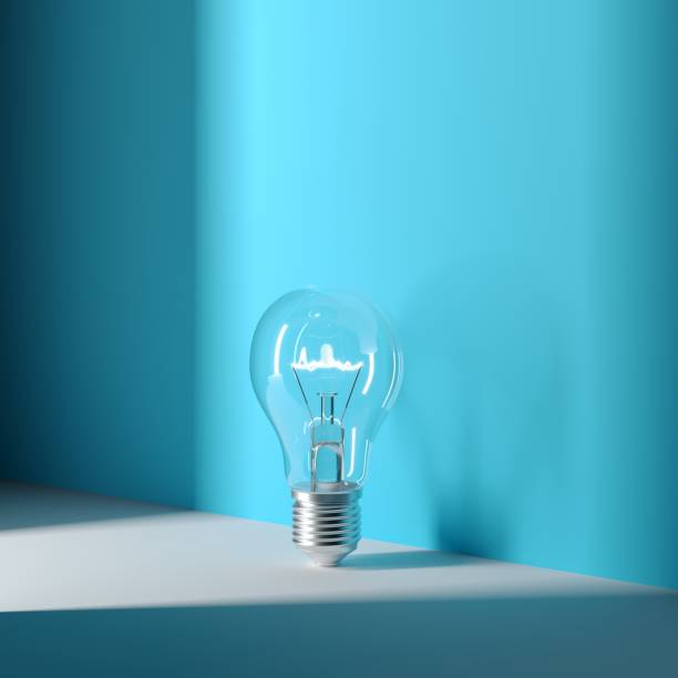 istock Light bulb Glowing set on blue background with shadows light. Minimal Idea Concept. 3D Render. 1223101912