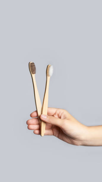 segure a escova de dentes de bambu eco. fundo cinza - scrub brush - fotografias e filmes do acervo