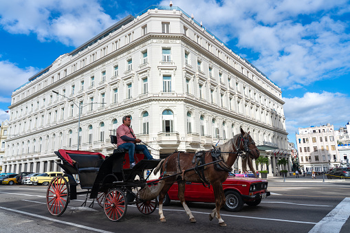 Horse carriage in one of the tourist areas of old Havana. Havana. Cuba. January 6, 2020.