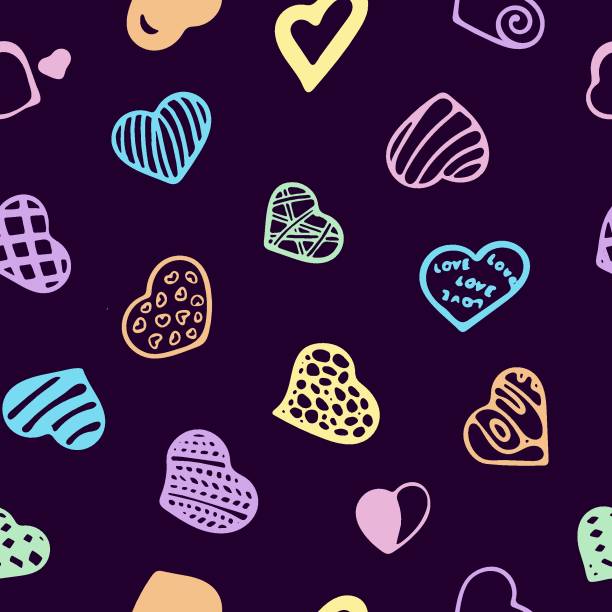 Pastel Hearts On Purple Background Seamless Pattern. Pastel Hearts On Purpur Background Seamless Pattern. Vector Illustration Of Flat Heart Symbol. Graphic Design In The Concept of Love. Love Symbol for Valentines Day. purpur stock illustrations