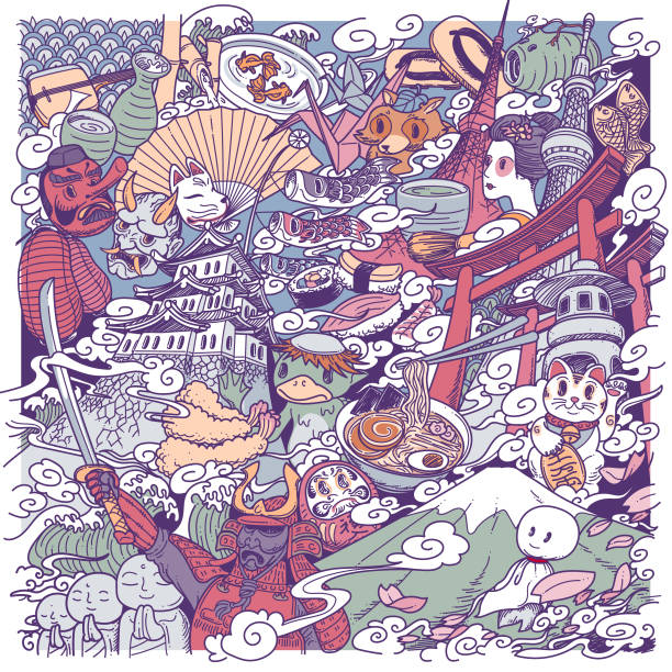 japonia doodle kultury - dowcip rysunkowy ilustracje stock illustrations