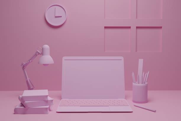 istock 3D rendering work from home concept, Green pastel color office room illustration, mock up for home office 1223111653