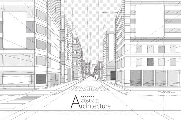 ilustraciones, imágenes clip art, dibujos animados e iconos de stock de dibujo de línea de construcción de arquitectura abstracta. - street technology blueprint city