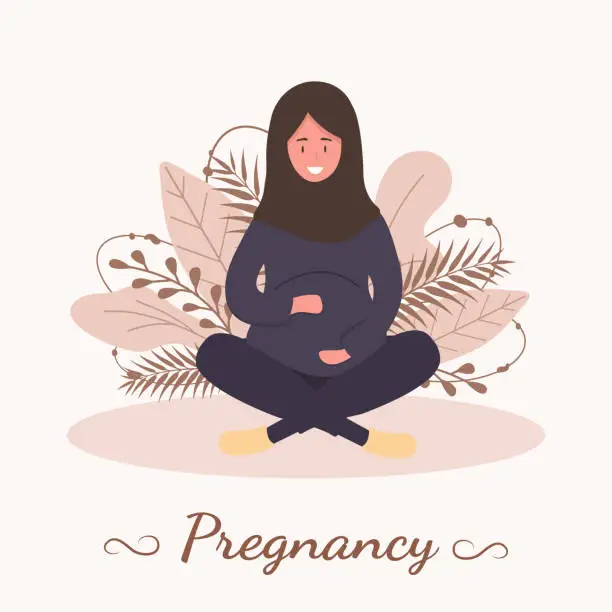 Vector illustration of Muslim pregnant woman in abaya and hijab. Modern flat style vector illustration isolated on soft background.