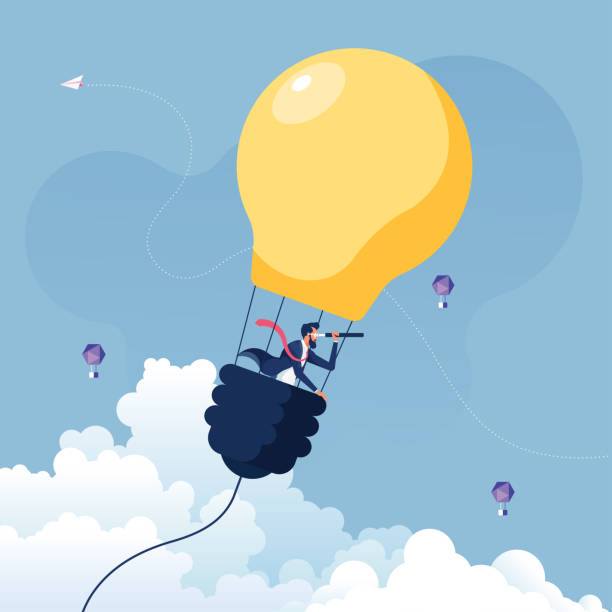 geschäftsmann auf der suche nach möglichkeiten in heißluftballon glühbirne-business-konzept vektor - motivation stock-grafiken, -clipart, -cartoons und -symbole