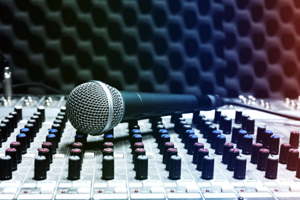 istock Professional condenser studio microphone, Musical Concept. recording, selective focus  microphone in radio studio, selective focus microphone and blur musical equipment, 1223114267
