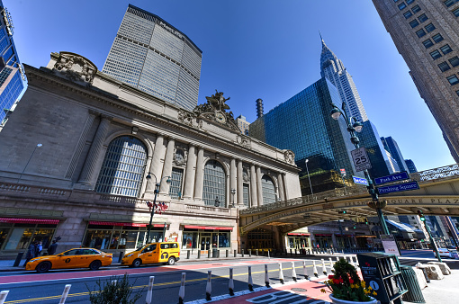 New York, NY - April 19, 2020: An empty Grand Central Terminal southern facade on Park Avenue at Pershing Square viaduct during the coronavirus quarantine.