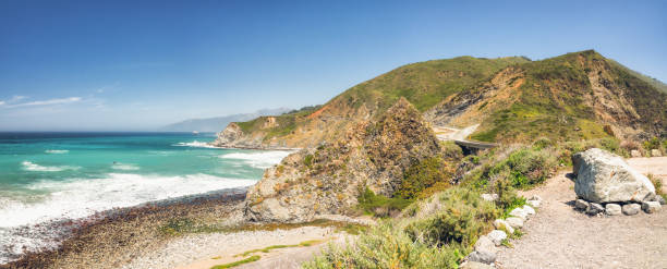 istock Big Sur, Monterey County, California. Panoramic view Pacific Ocean, cliffs, and native plants on the beach. Panoramic view 1223115943